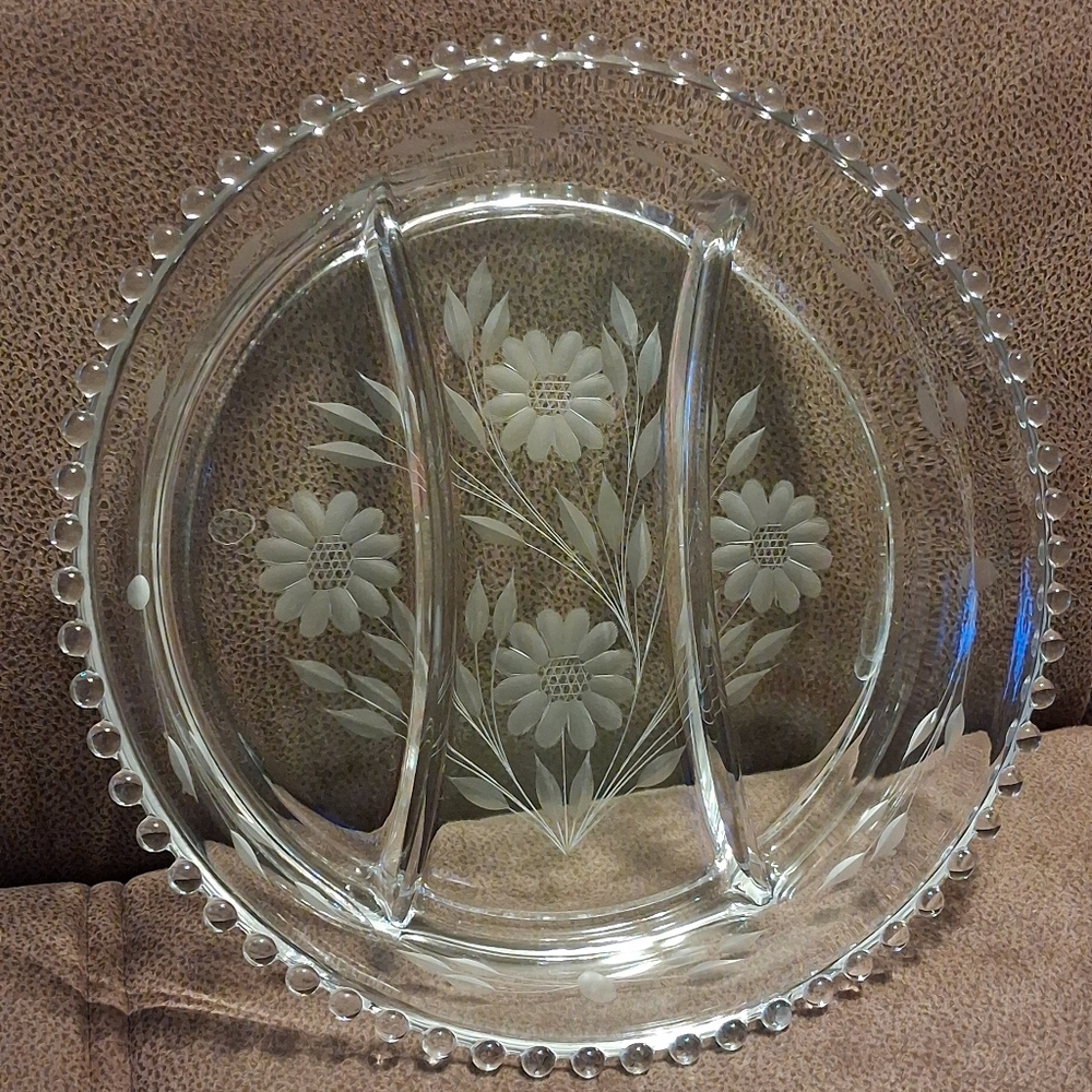 Vintage Imperial Candlewick Etched Flower Clear Glass Divided Serving Dish